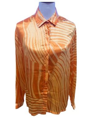 Ron Leal Orange Abstract Print Silk Button Down Long Sleeve Shirt Size 12 NWT